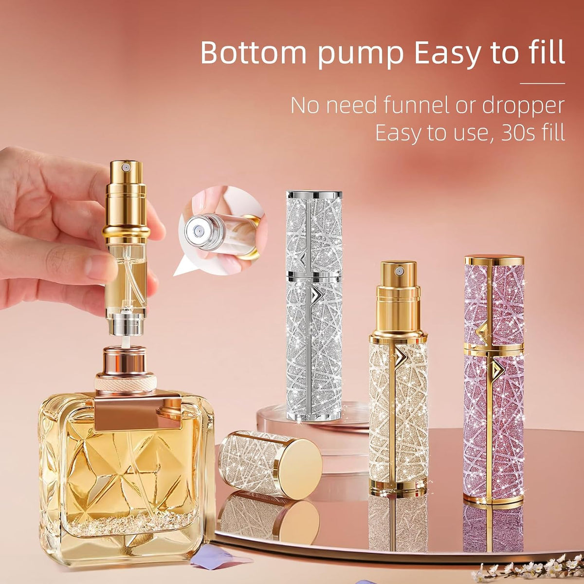 Perfume Travel Refillable Bottle Cologne Portable Atomizer Fragrance Scent Sprayer Pump Fill from Bottom Mini Pocket Size 5ml for Travel Essentials & Best Gift (gold)