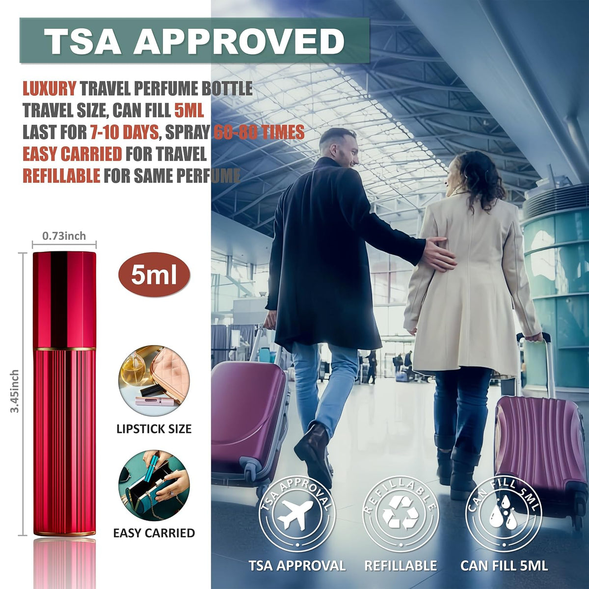Perfume Travel Refillable Bottle Cologne Portable Atomizer Fragrance Scent Sprayer Pump Fill from Bottom Mini Pocket Size 5ml for Travel Essentials & Best Gift (gold)