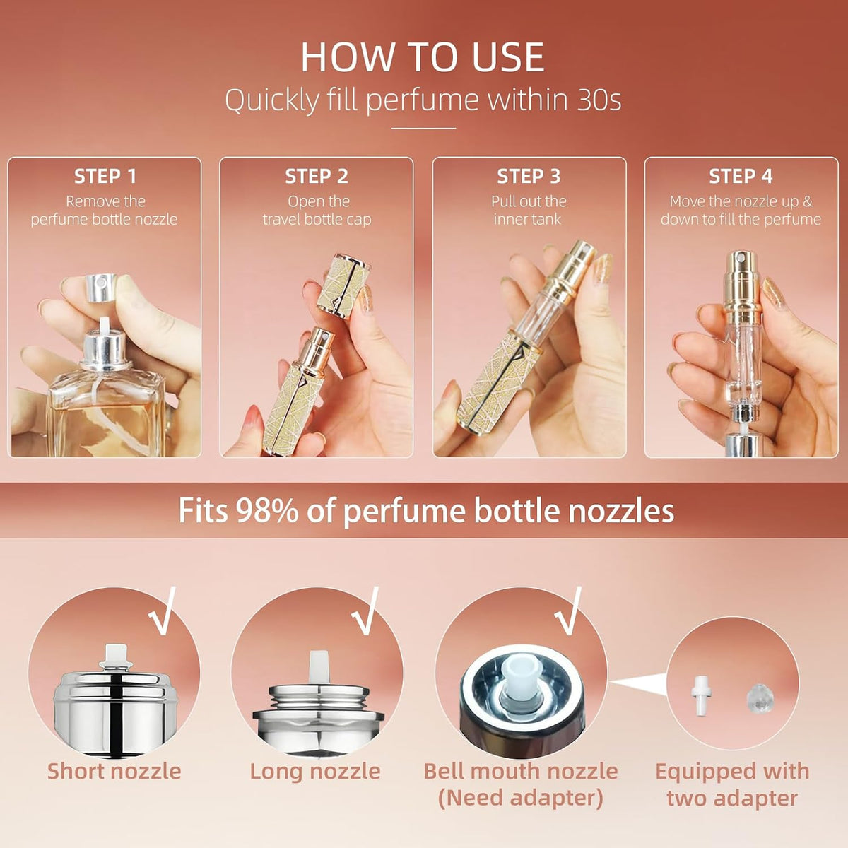 Perfume Travel Refillable Bottle Cologne Portable Atomizer Fragrance Scent Sprayer Pump Fill from Bottom Mini Pocket Size 5ml for Travel Essentials & Best Gift (gold)