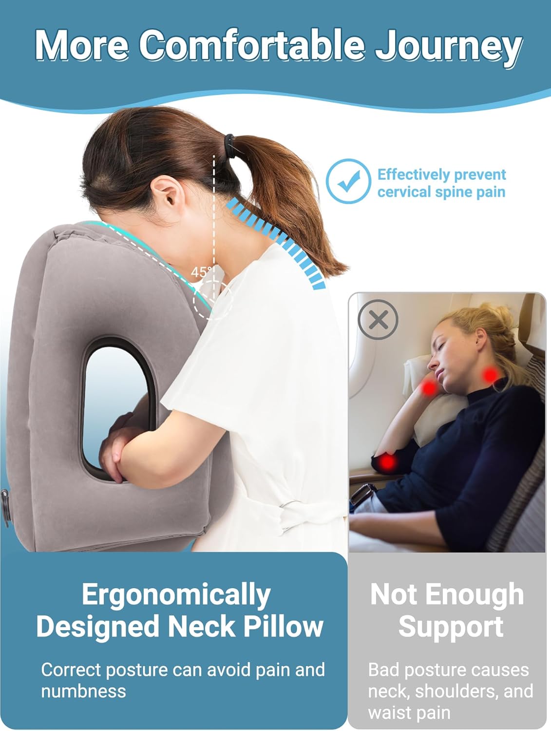 Inflatable Travel Pillow for Airplane Comfortable Sleeping, (Grey)