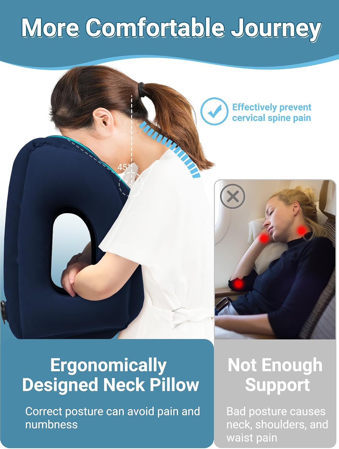 Inflatable Travel Pillow for Airplane Comfortable Sleeping, (Grey)