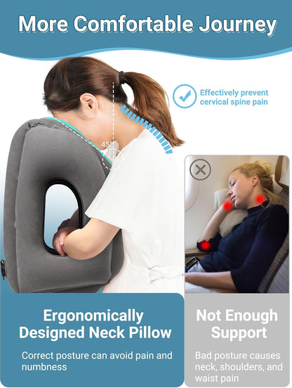 Inflatable Travel Pillow for Airplane Comfortable Sleeping, (Grey)