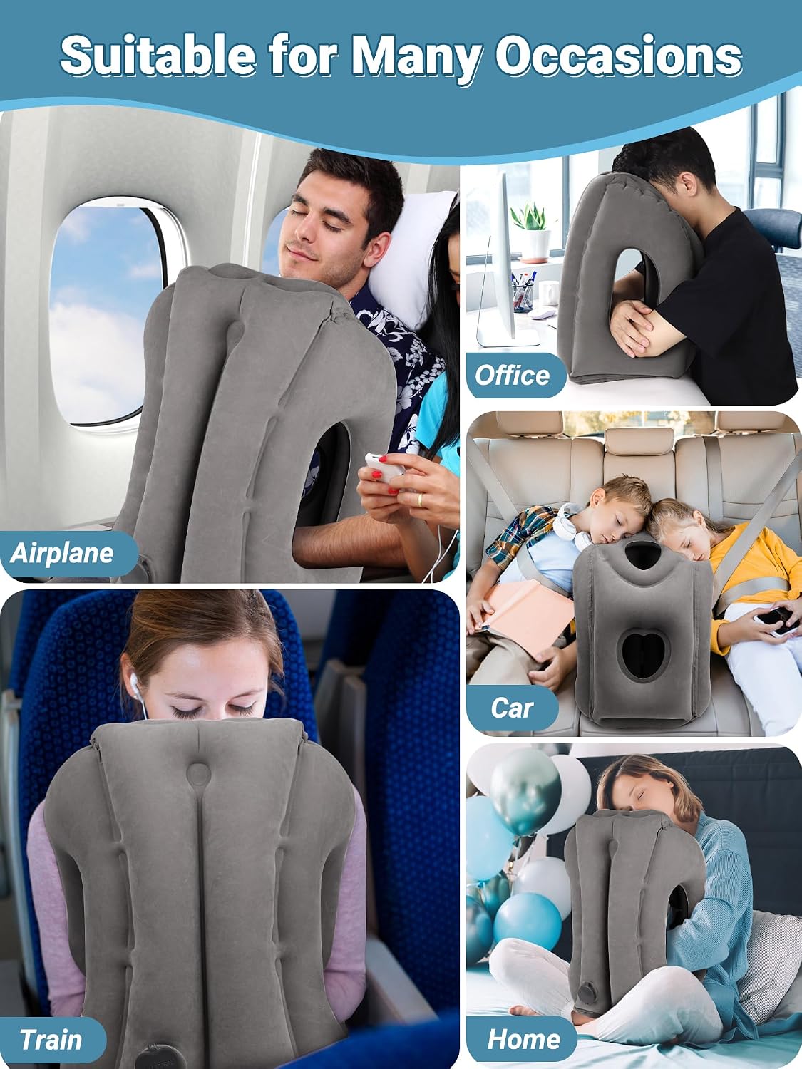 Inflatable Travel Pillow for Airplane Comfortable Sleeping, (Grey)