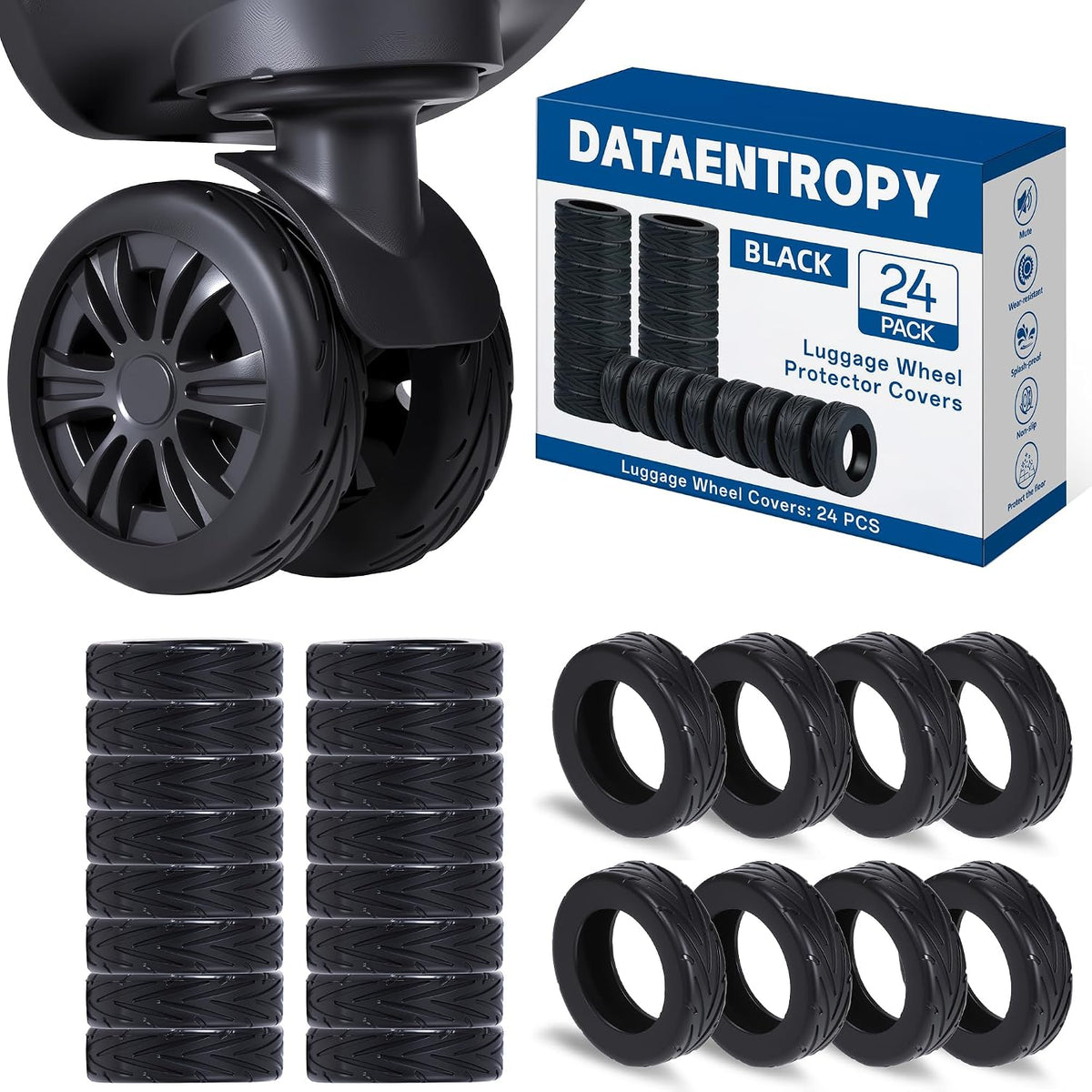 24PCS Luggage Wheel Covers for Spinner Wheels, Silicone Suitcase Wheel Protectors, Wear-Resistant & Anti-Noise, Fits 2–2.4 Inch Wheels (Black)