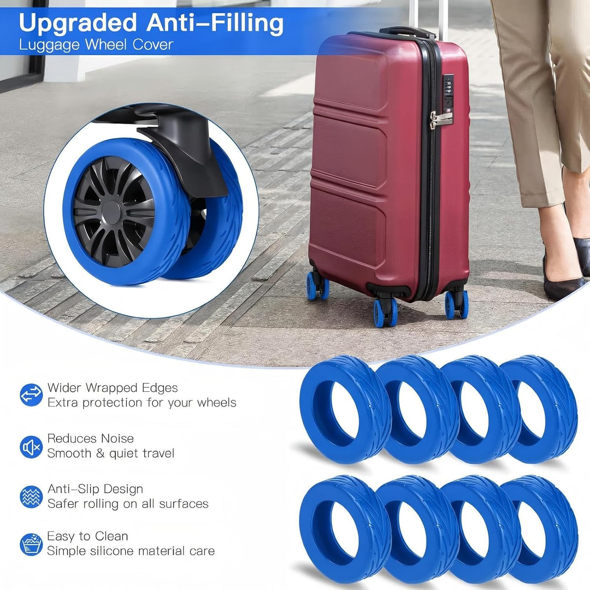 24PCS Luggage Wheel Covers for Spinner Wheels, Silicone Suitcase Wheel Protectors, Wear-Resistant & Anti-Noise, Fits 2–2.4 Inch Wheels (Black)