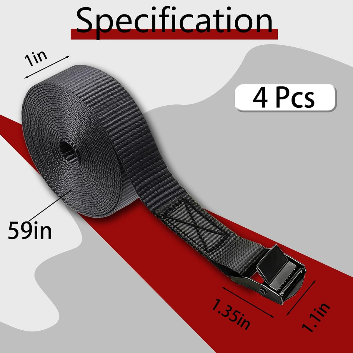 Lashing Straps with Buckles, 4Pack, 1 Inch × 5 Feet, Cargo Tie-Down Strap