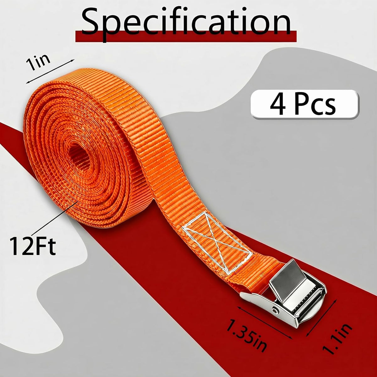 Lashing Straps with Buckles, 4Pack, 1 Inch × 5 Feet, Cargo Tie-Down Strap
