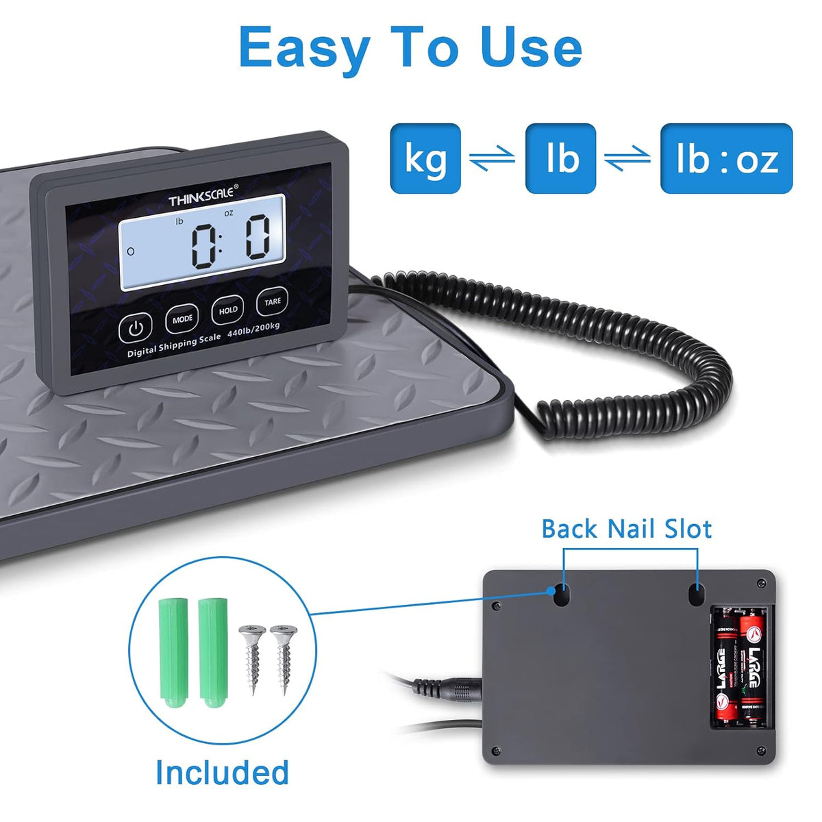 Shipping Scale, 440 lb x 1 oz Digital Postal Scale, Hold & Tare