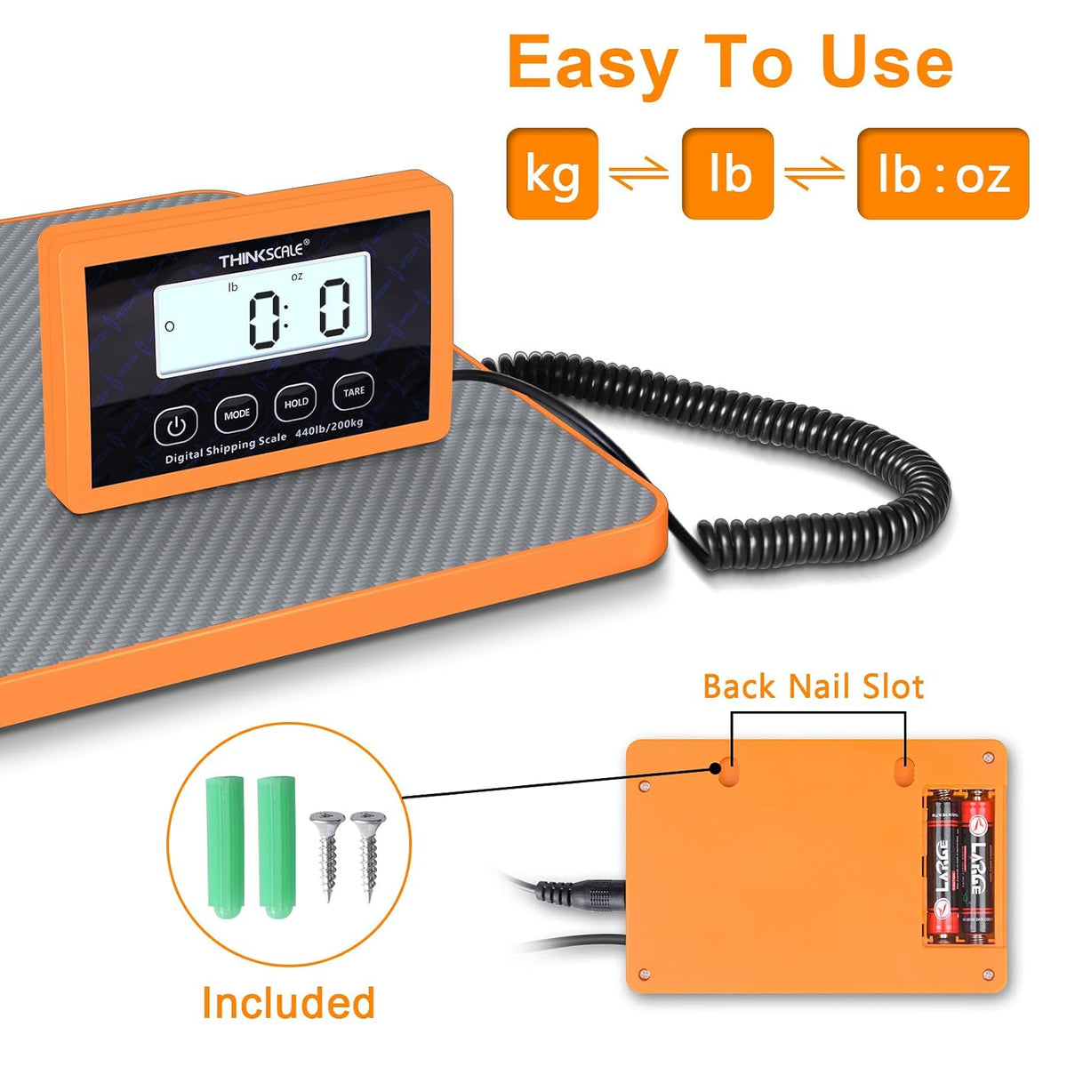 Shipping Scale, 440 lb x 1 oz Digital Postal Scale, Hold & Tare