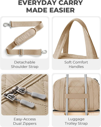 Percover Weekender Bag for Women, Ultra Lightweight Travel Duffle, Carry On Personal Item Overnight Bag with Toiletry Pouch & Compartments, Quilted Gym & Travel Bag, Camel Tan