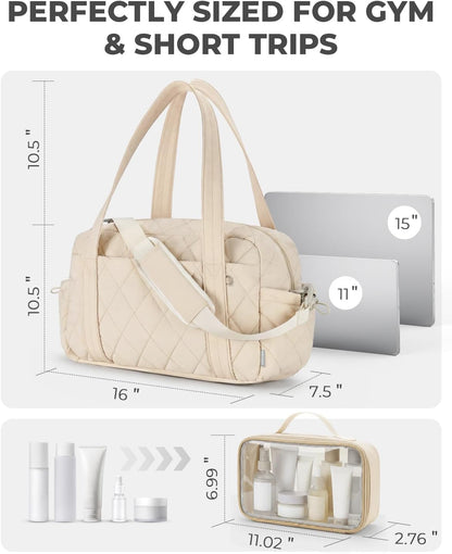 Percover Weekender Bag for Women, Ultra Lightweight Travel Duffle, Carry On Personal Item Overnight Bag with Toiletry Pouch & Compartments, Quilted Gym & Travel Bag, Camel Tan