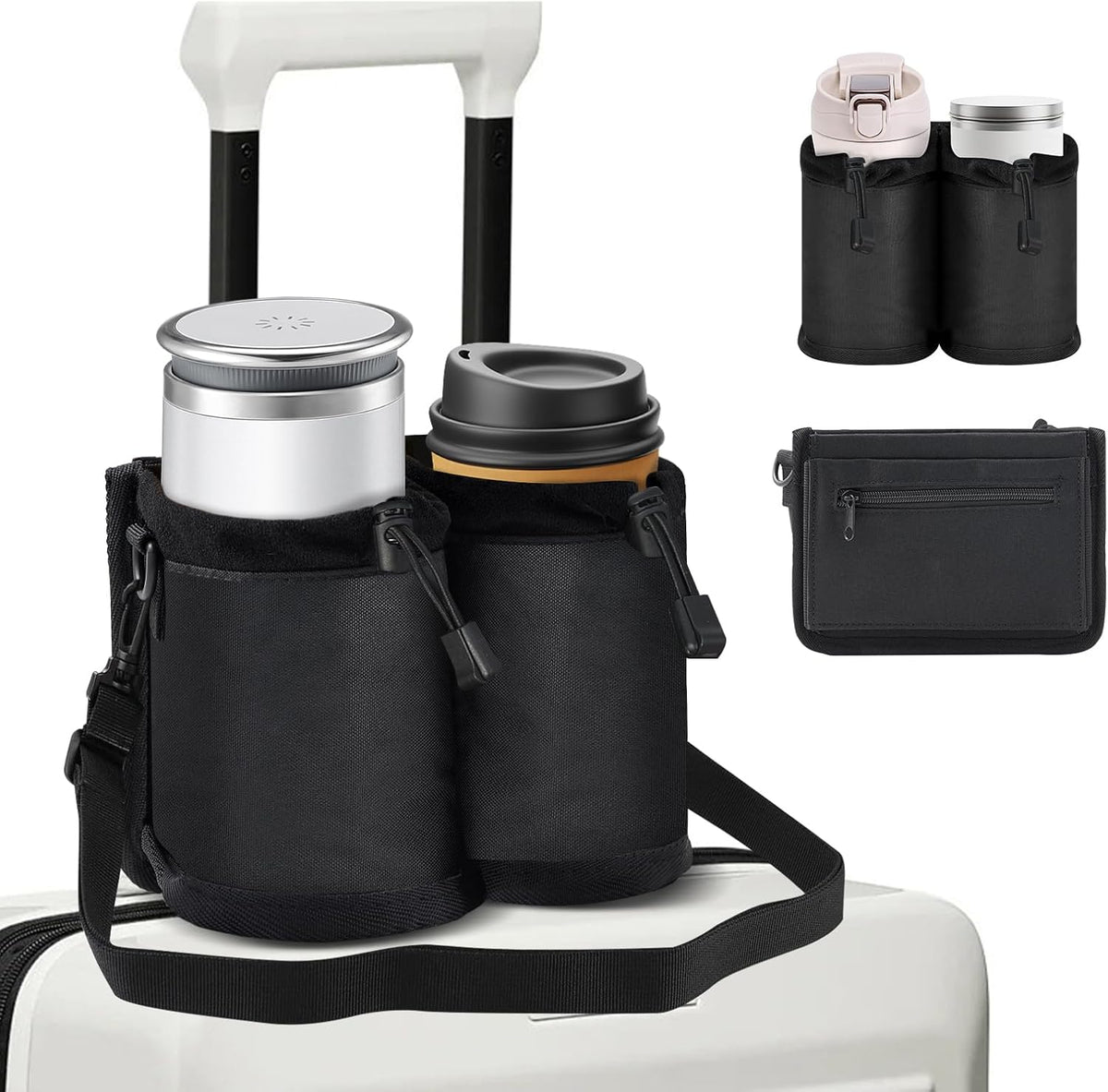 Luggage Travel Cup Holder for Suitcases Free Hands, Travel Accessories, Carry on Beverage Cup Holder Attachment, Luggage Cup Caddy Gifts for Flight Attendants, Business, Travelers, Black