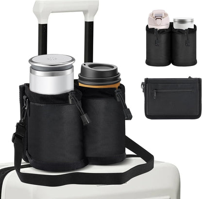 Luggage Travel Cup Holder for Suitcases Free Hands, Travel Accessories, Carry on Beverage Cup Holder Attachment, Luggage Cup Caddy Gifts for Flight Attendants, Business, Travelers, Black