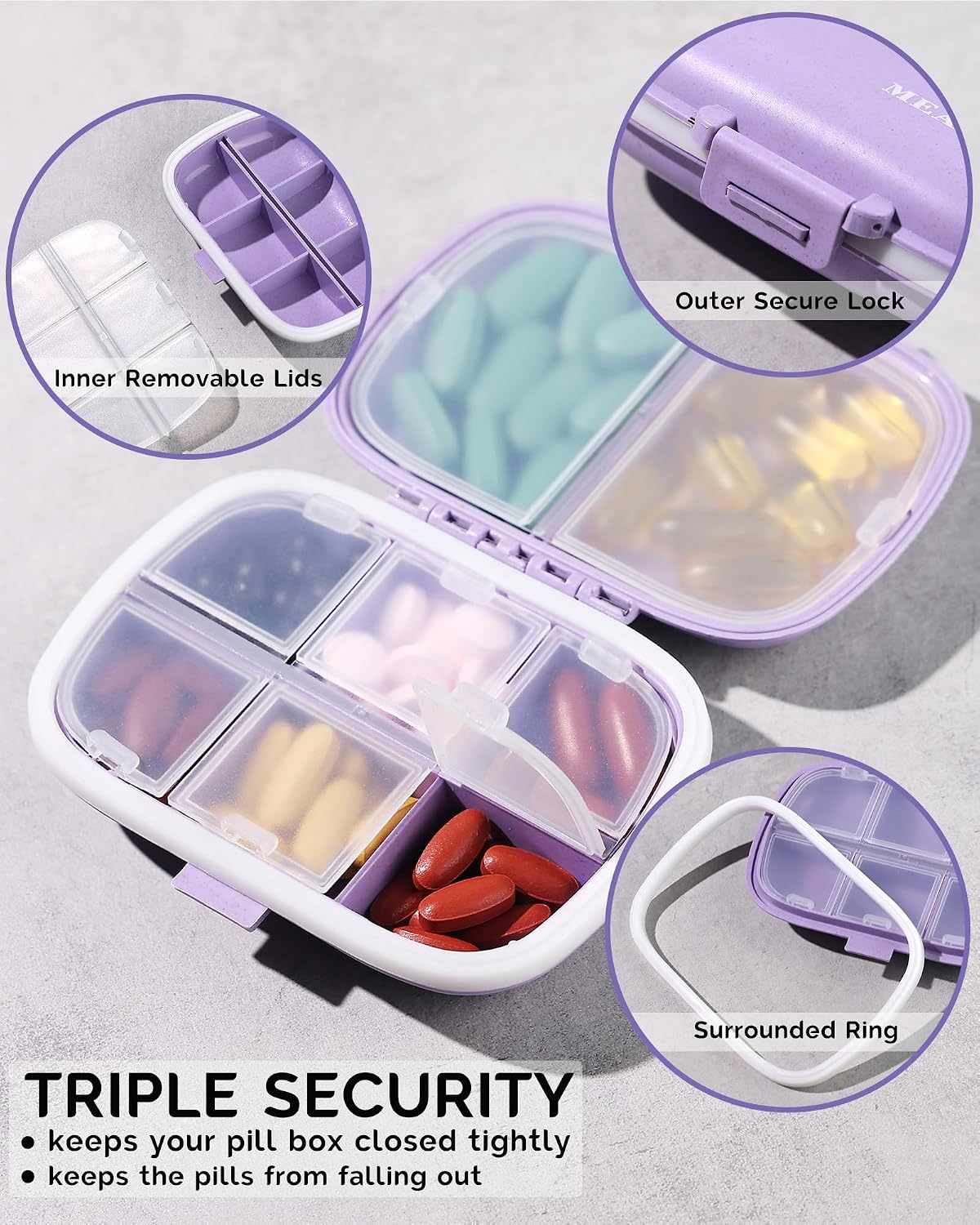 3 Pack Travel Pill Organizer, 8 Compartments Pill Box