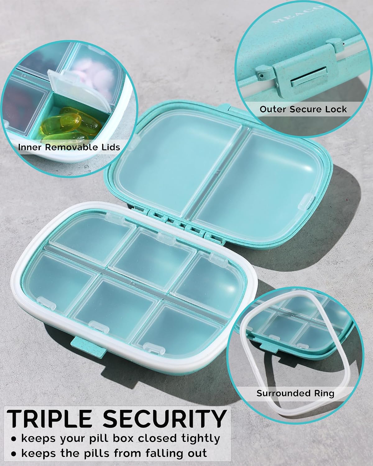 3 Pack Travel Pill Organizer, 8 Compartments Pill Box