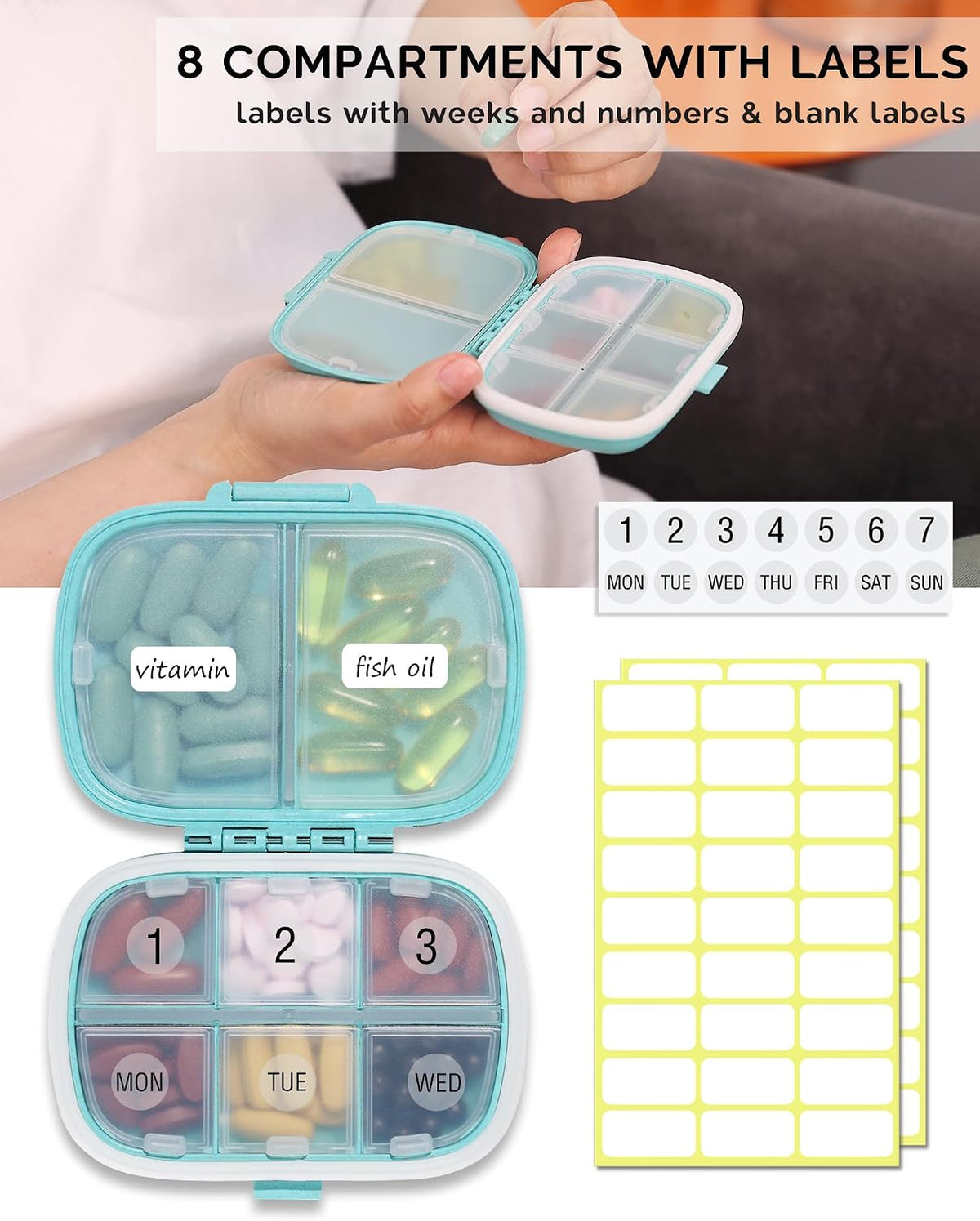 3 Pack Travel Pill Organizer, 8 Compartments Pill Box