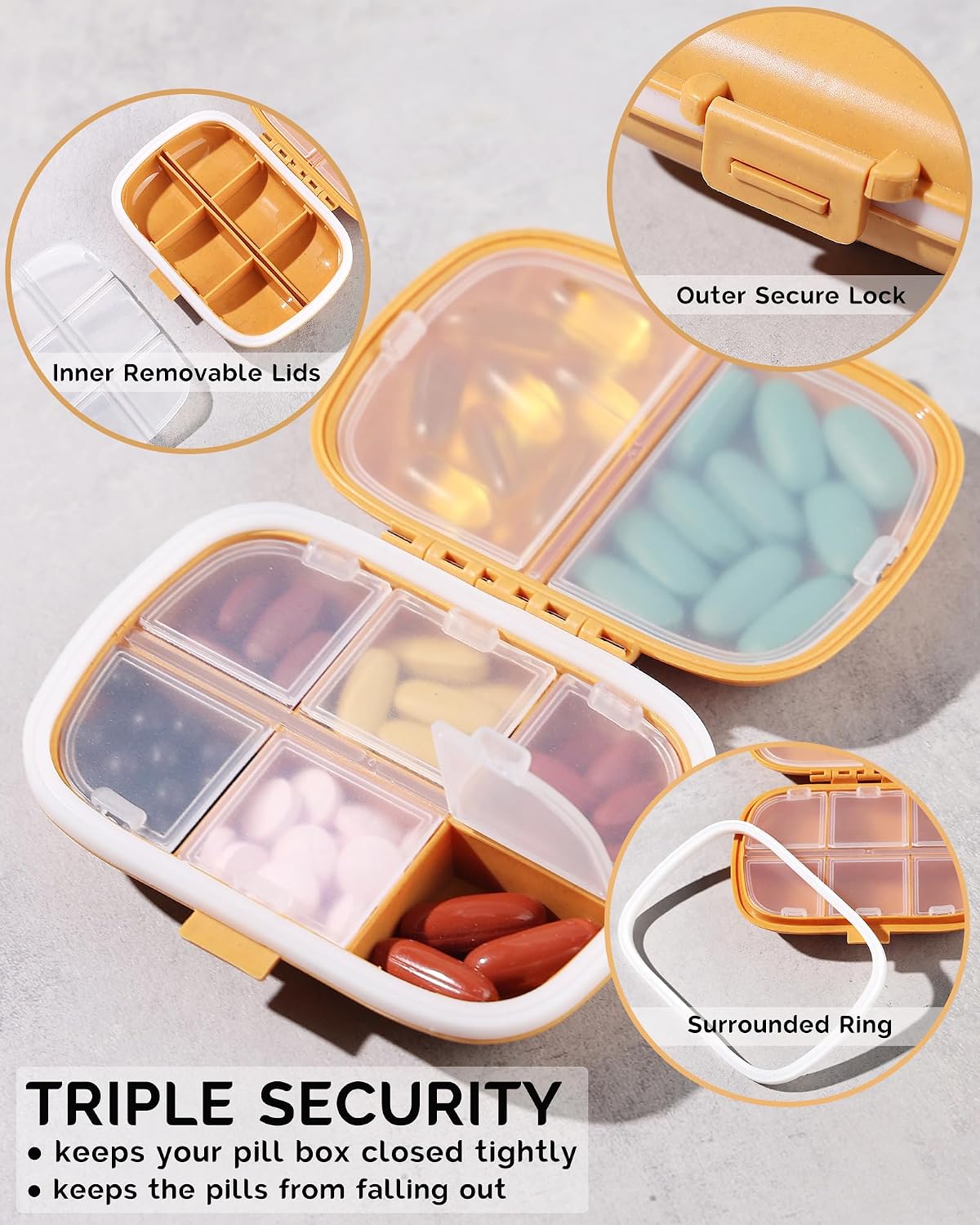 3 Pack Travel Pill Organizer, 8 Compartments Pill Box
