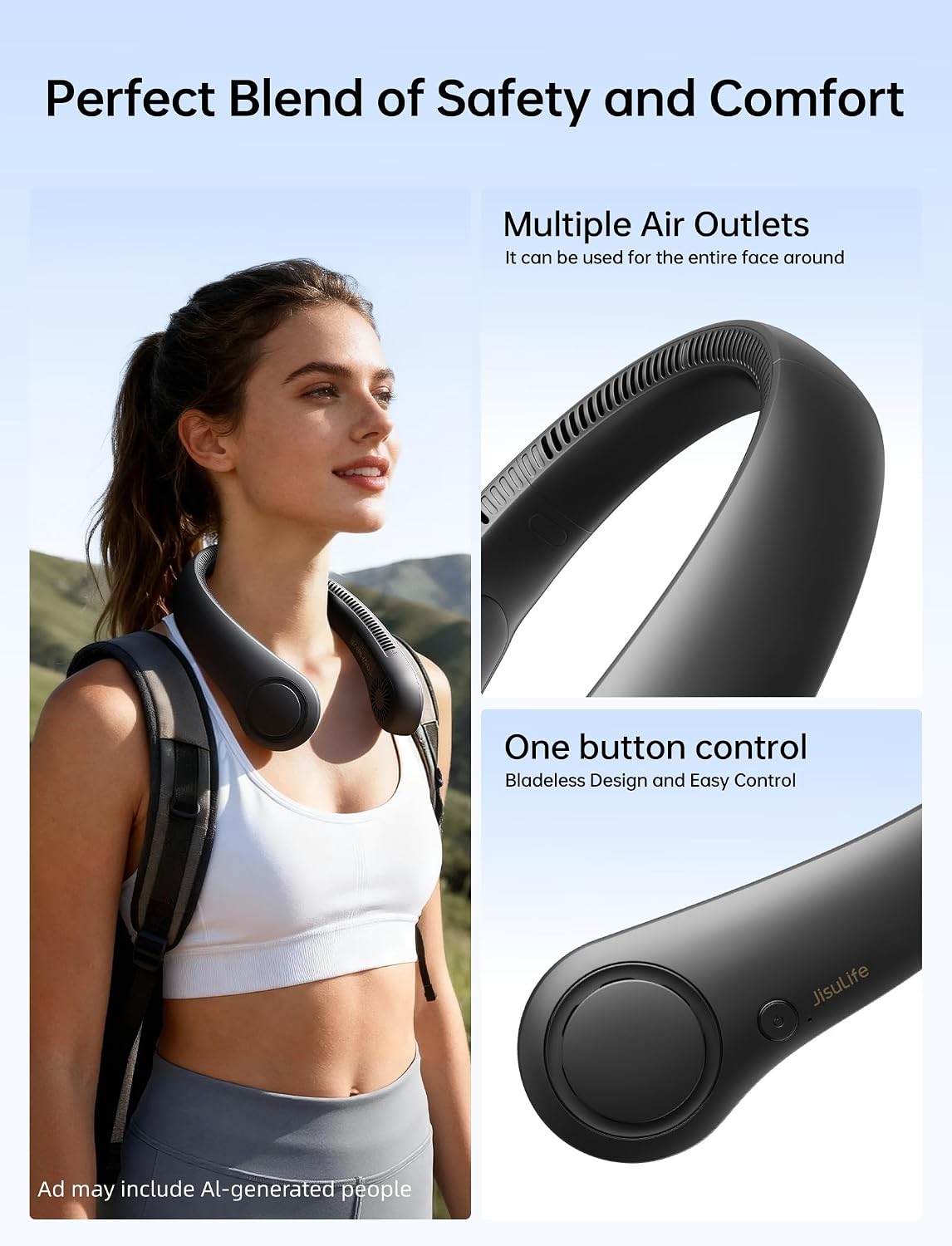JISULIFE Portable Neck Fan, Hands Free Bladeless Fan, 5 Speeds, 4000 mAh