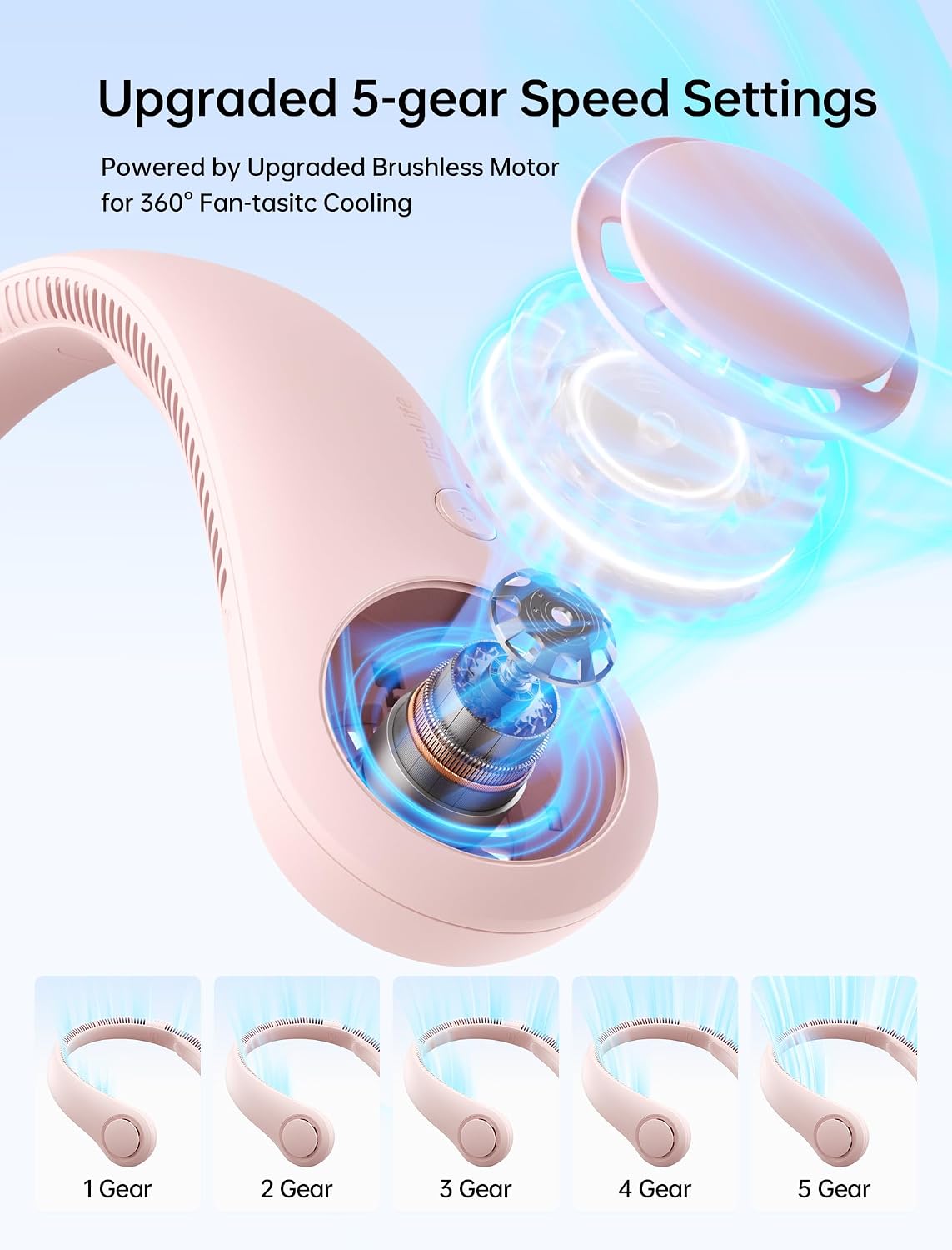 JISULIFE Portable Neck Fan, Hands Free Bladeless Fan, 5 Speeds, 4000 mAh