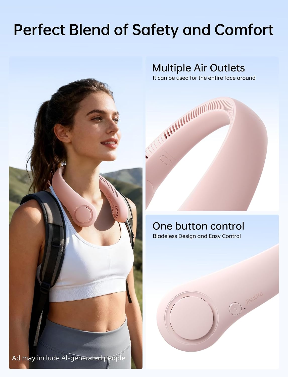 JISULIFE Portable Neck Fan, Hands Free Bladeless Fan, 5 Speeds, 4000 mAh