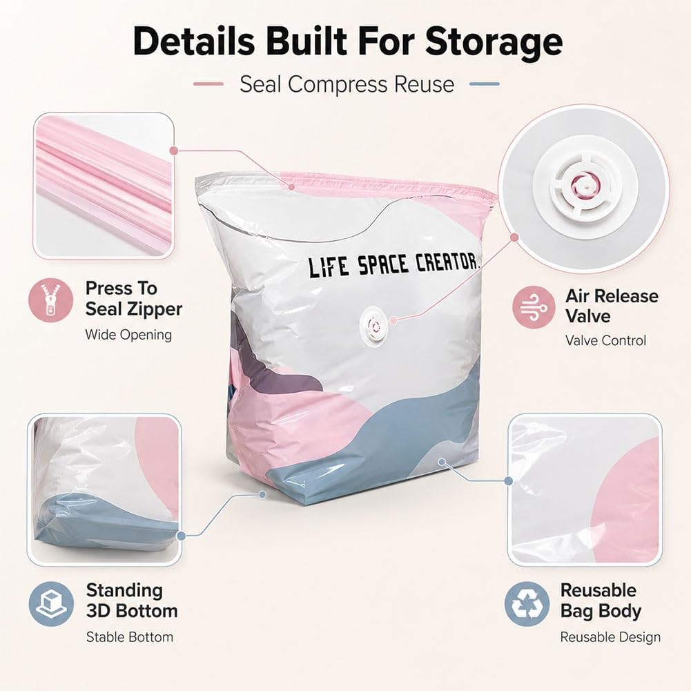 No-Pump Vacuum Storage Bags, Large Press & Seal Compression Bag, Reusable 3D Space Saver Organizer Bags Without Pump for Clothes, Bedding, Blankets, Travel, Closet Storage(L)