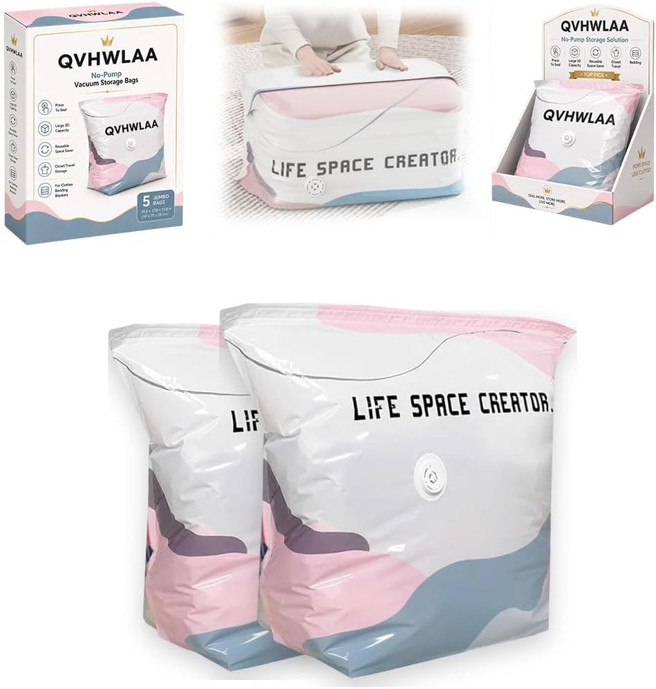 No-Pump Vacuum Storage Bags, Large Press & Seal Compression Bag, Reusable 3D Space Saver Organizer Bags Without Pump for Clothes, Bedding, Blankets, Travel, Closet Storage(L)