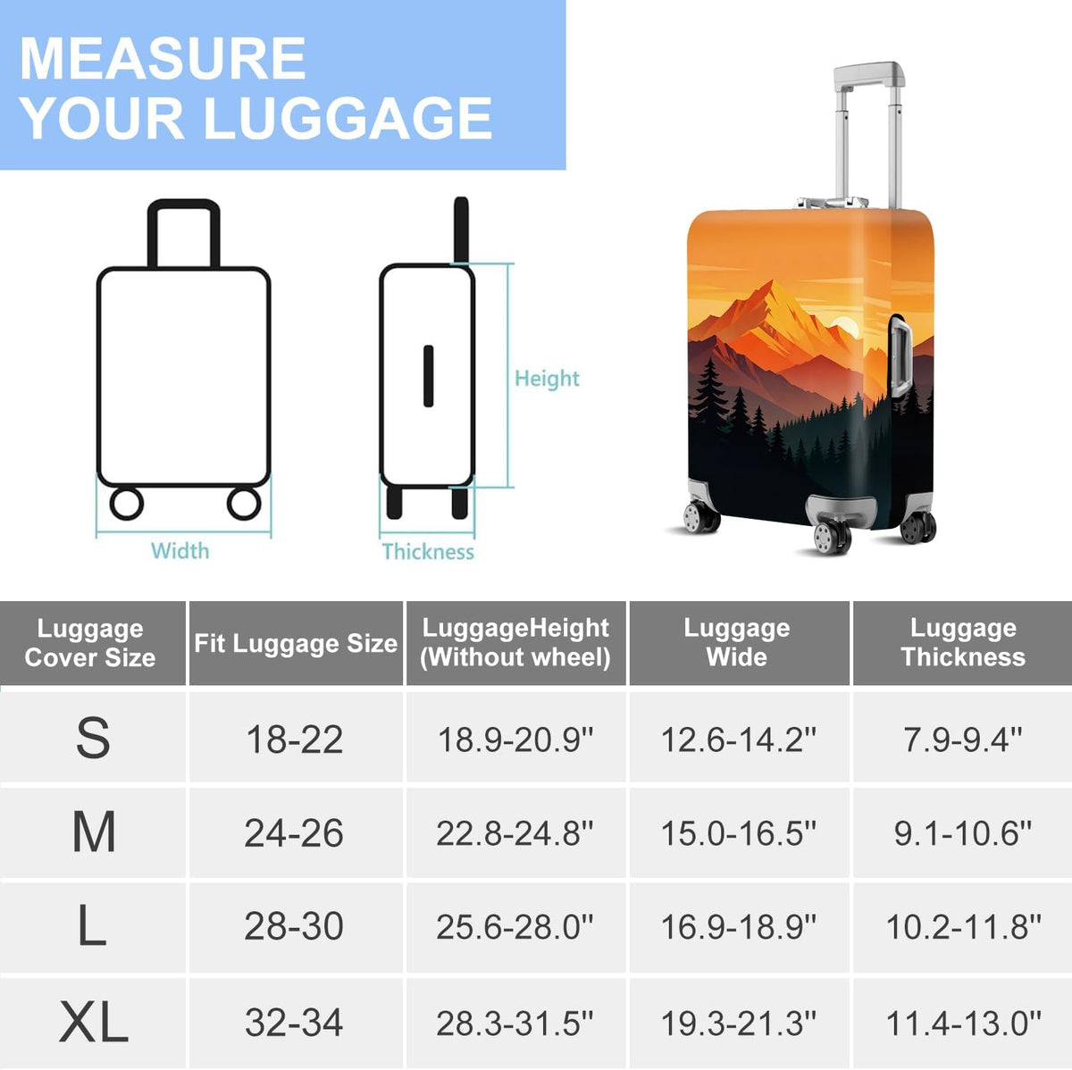 Retro Mountain Landscape Sunset Travel Luggage Cover -Stretchable Airplane Suitcase Protector Sleeve,Universal Washable Fit for 20-22 Inch Checked Baggage,Water Resistant Durable Luggage Protector - Colors B