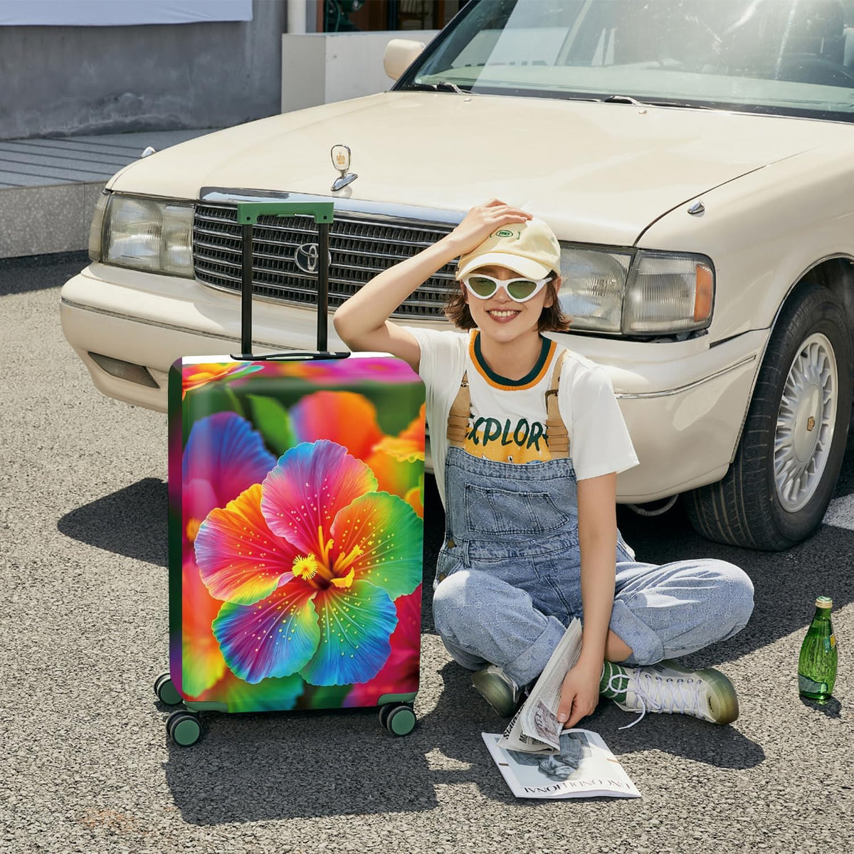 Retro Mountain Landscape Sunset Travel Luggage Cover -Stretchable Airplane Suitcase Protector Sleeve,Universal Washable Fit for 20-22 Inch Checked Baggage,Water Resistant Durable Luggage Protector - Colors B