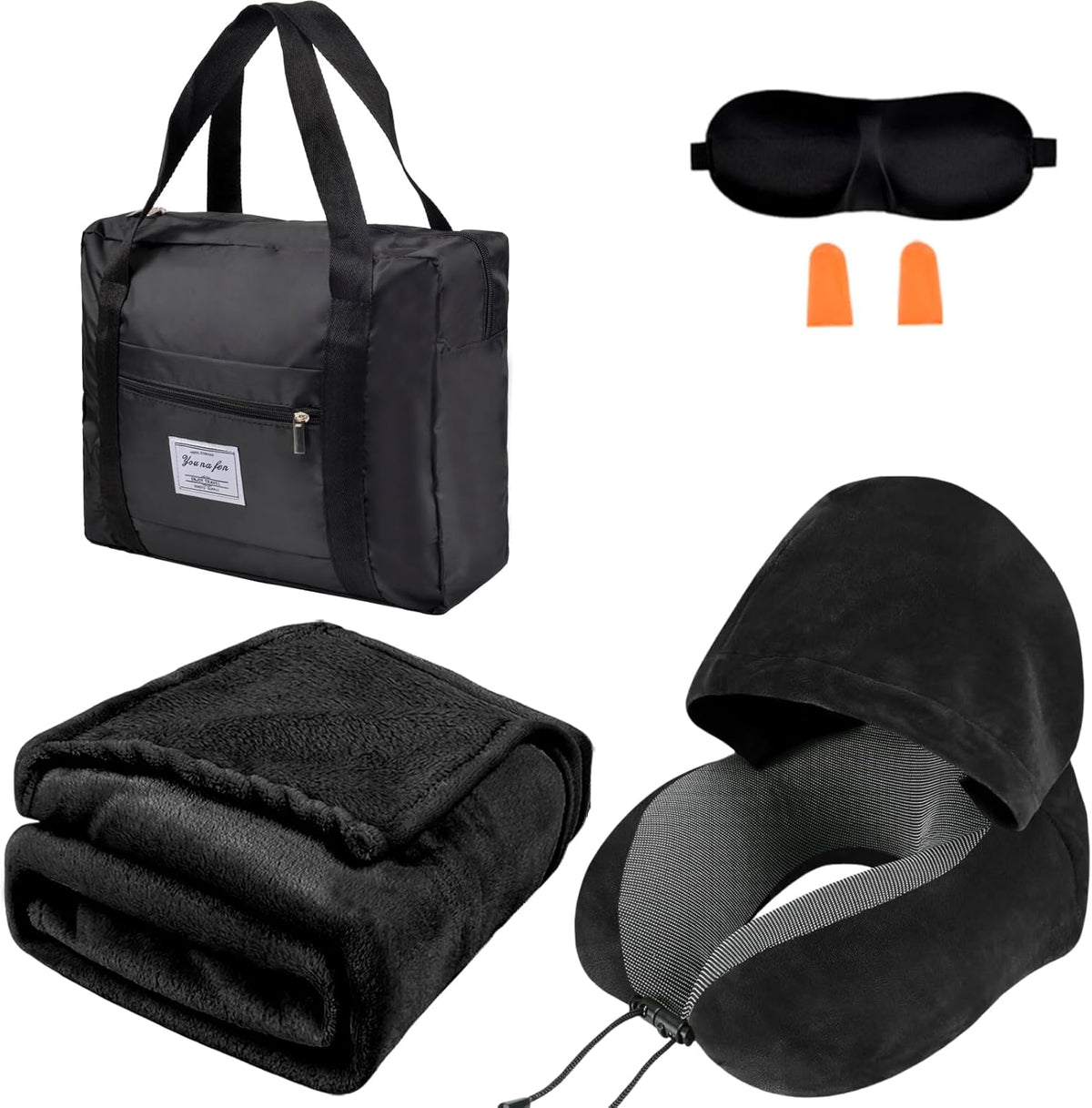 Travel Blanket and Pillow Set - Hooded Neck Pillow Airplane Essential Black