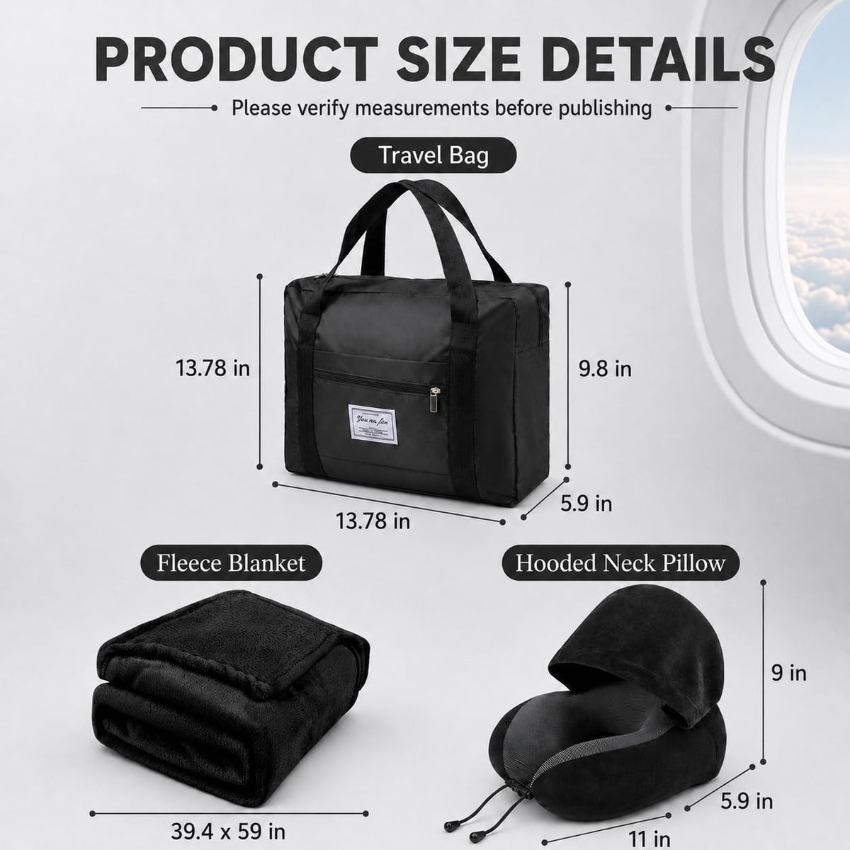Travel Blanket and Pillow Set - Hooded Neck Pillow Airplane Essential Black