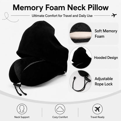 Travel Blanket and Pillow Set - Hooded Neck Pillow Airplane Essential Black