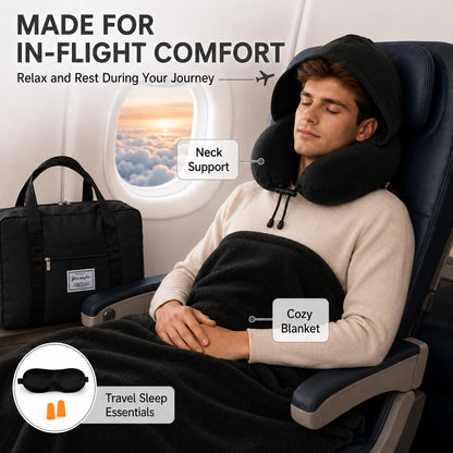 Travel Blanket and Pillow Set - Hooded Neck Pillow Airplane Essential Black