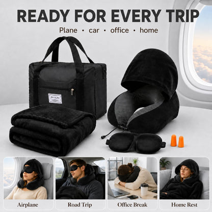 Travel Blanket and Pillow Set - Hooded Neck Pillow Airplane Essential Black