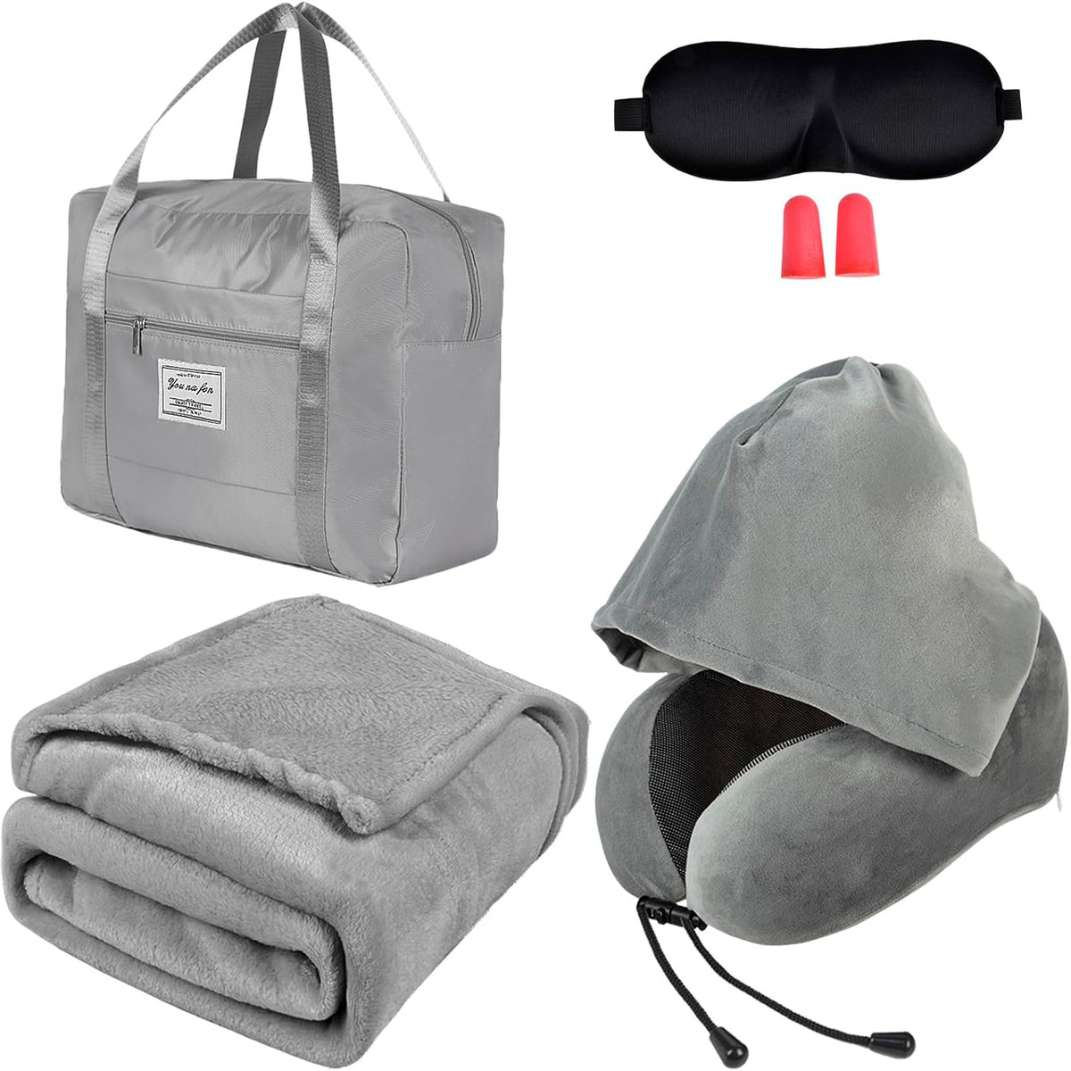Travel Blanket and Pillow Set - Hooded Neck Pillow Airplane Essential Black