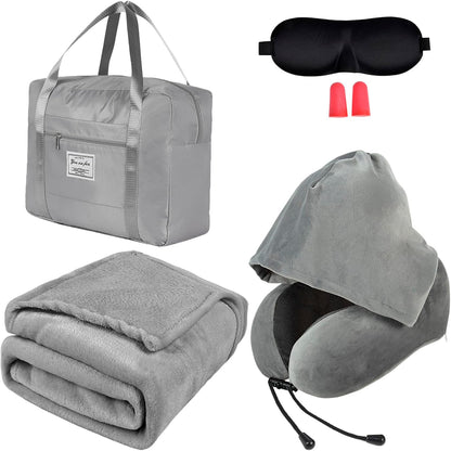 Travel Blanket and Pillow Set - Hooded Neck Pillow Airplane Essential Black