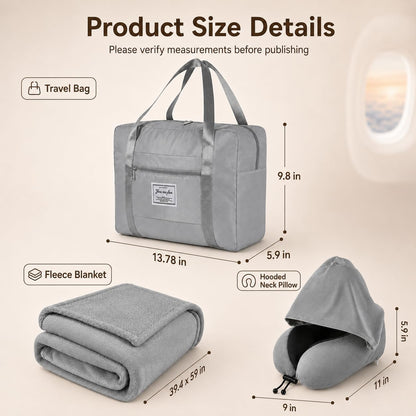 Travel Blanket and Pillow Set - Hooded Neck Pillow Airplane Essential Black