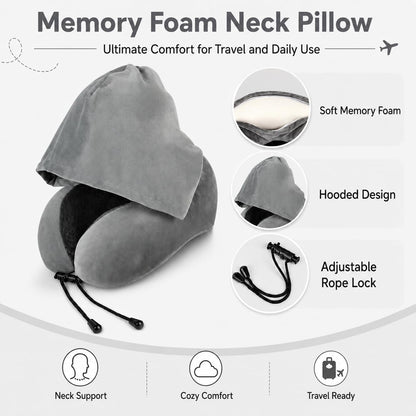 Travel Blanket and Pillow Set - Hooded Neck Pillow Airplane Essential Black