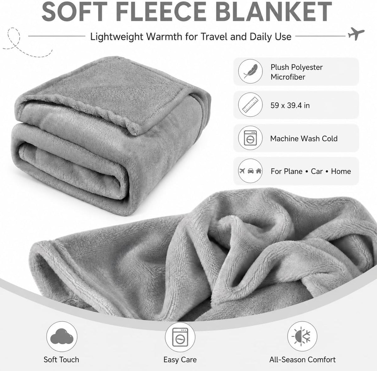 Travel Blanket and Pillow Set - Hooded Neck Pillow Airplane Essential Black