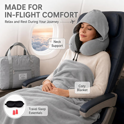 Travel Blanket and Pillow Set - Hooded Neck Pillow Airplane Essential Black