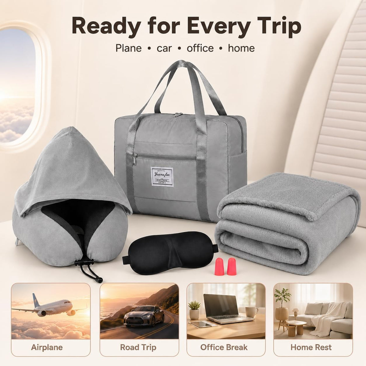 Travel Blanket and Pillow Set - Hooded Neck Pillow Airplane Essential Black