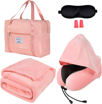 Travel Blanket and Pillow Set - Hooded Neck Pillow Airplane Essential Black