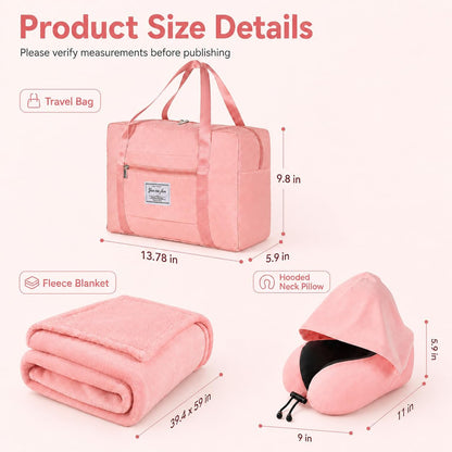 Travel Blanket and Pillow Set - Hooded Neck Pillow Airplane Essential Black