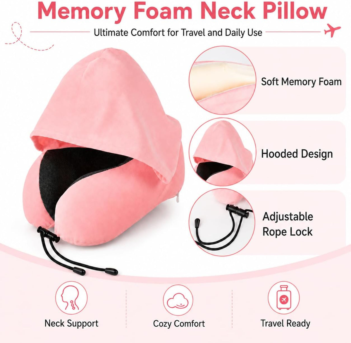 Travel Blanket and Pillow Set - Hooded Neck Pillow Airplane Essential Black