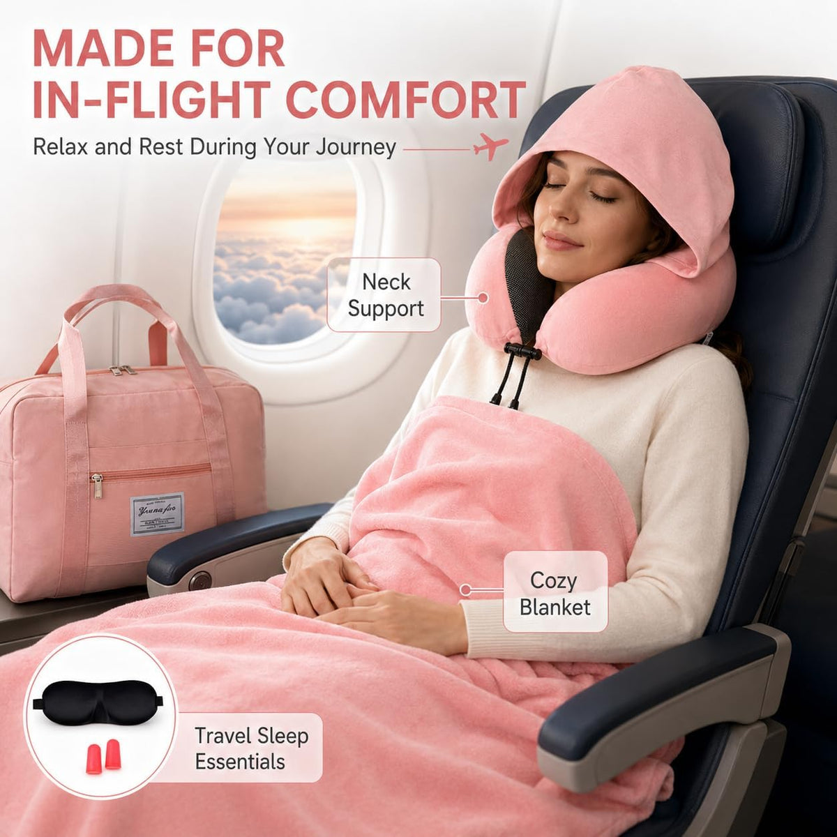 Travel Blanket and Pillow Set - Hooded Neck Pillow Airplane Essential Black