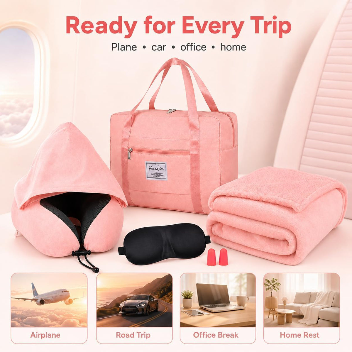Travel Blanket and Pillow Set - Hooded Neck Pillow Airplane Essential Black