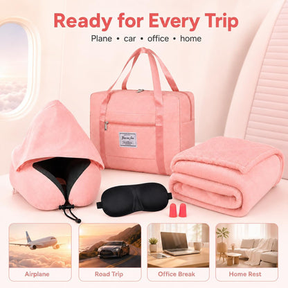 Travel Blanket and Pillow Set - Hooded Neck Pillow Airplane Essential Black
