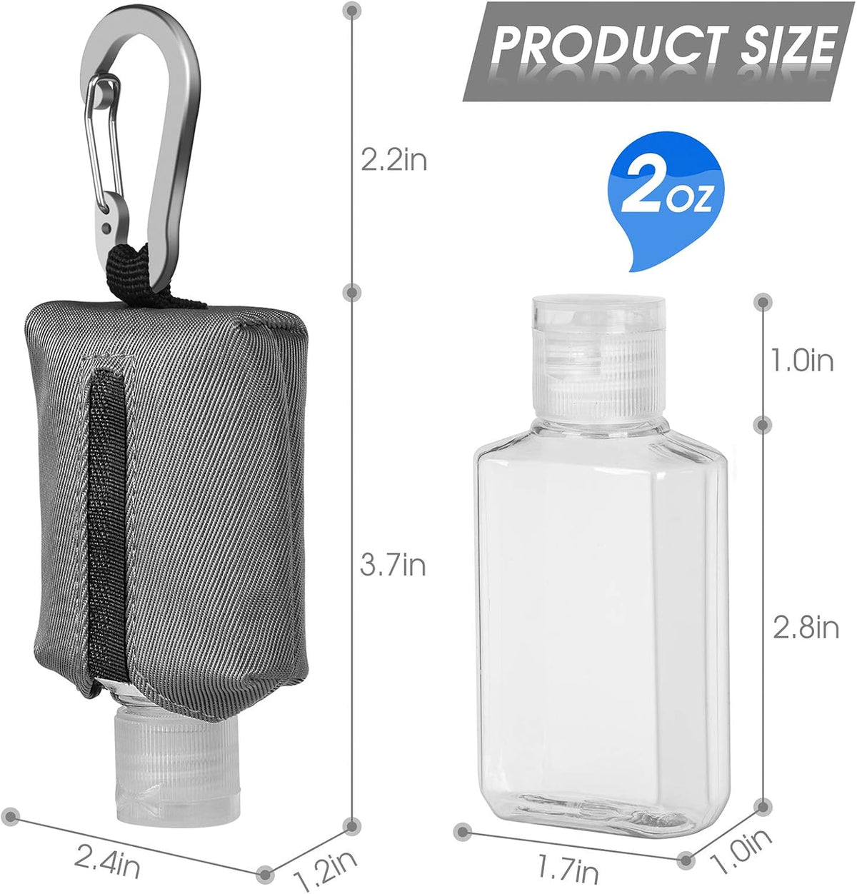 Hand Sanitizer Bottle Case Holder, Travel Size Empty Bottle Refillable Containers for Soap, Lotion, and Liquids - 60ML/2 oz Flip Cap Reusable Bottles with Carabiner Carriers
