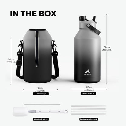 64 oz Insulated Water Bottle for Sports: 2-in-1 Straw & Spout Lid, Leakproof, Carrier Bag, Shoulder Strap, Keep Cold 48H, BPA-Free, Half Gallon Metal Water Jug for Gym, Travel, Gift (Midnight)