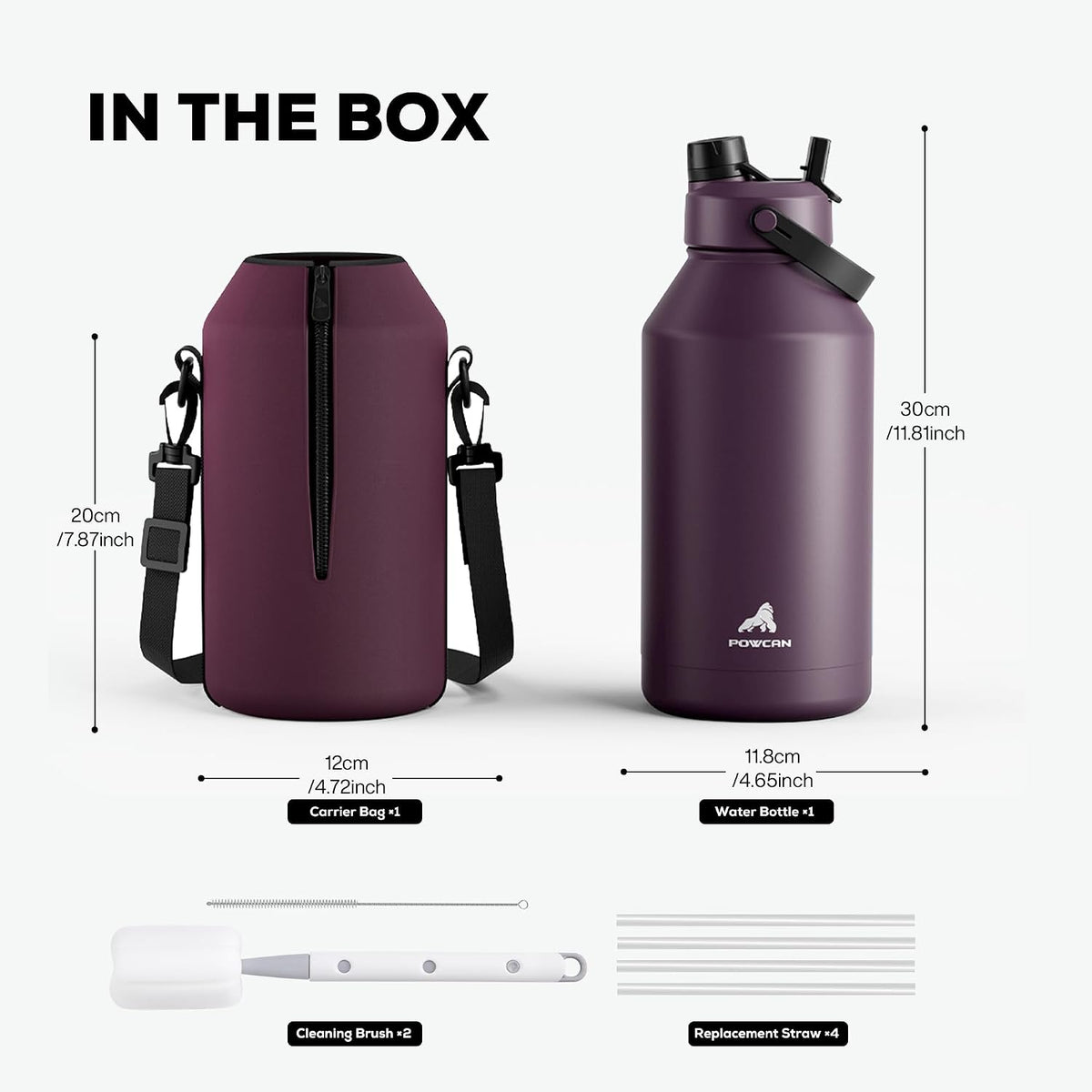 64 oz Insulated Water Bottle for Sports: 2-in-1 Straw & Spout Lid, Leakproof, Carrier Bag, Shoulder Strap, Keep Cold 48H, BPA-Free, Half Gallon Metal Water Jug for Gym, Travel, Gift (Midnight)