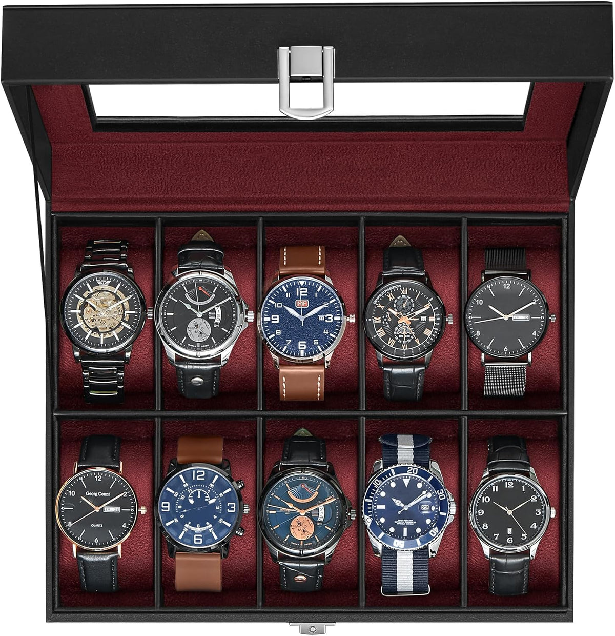 SONGMICS Watch Box, 12-Slot Watch Case Organizer with Large Glass Lid, Removable Pillows, Gift for Loved Ones, Black Synthetic Leather, Gray Lining UJWB12BK